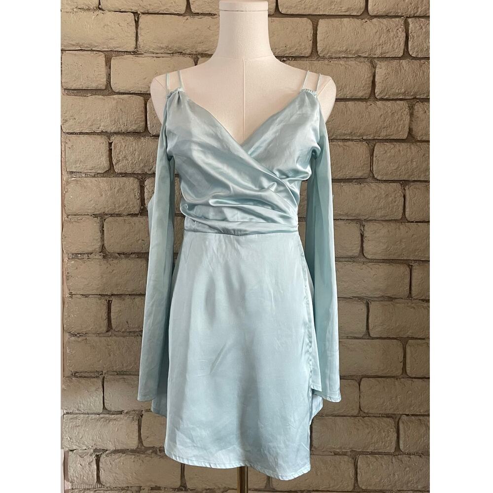 Off-The-Shoulder Mini Skort Wrap Dress Satin Shine - Light Blue Size Small